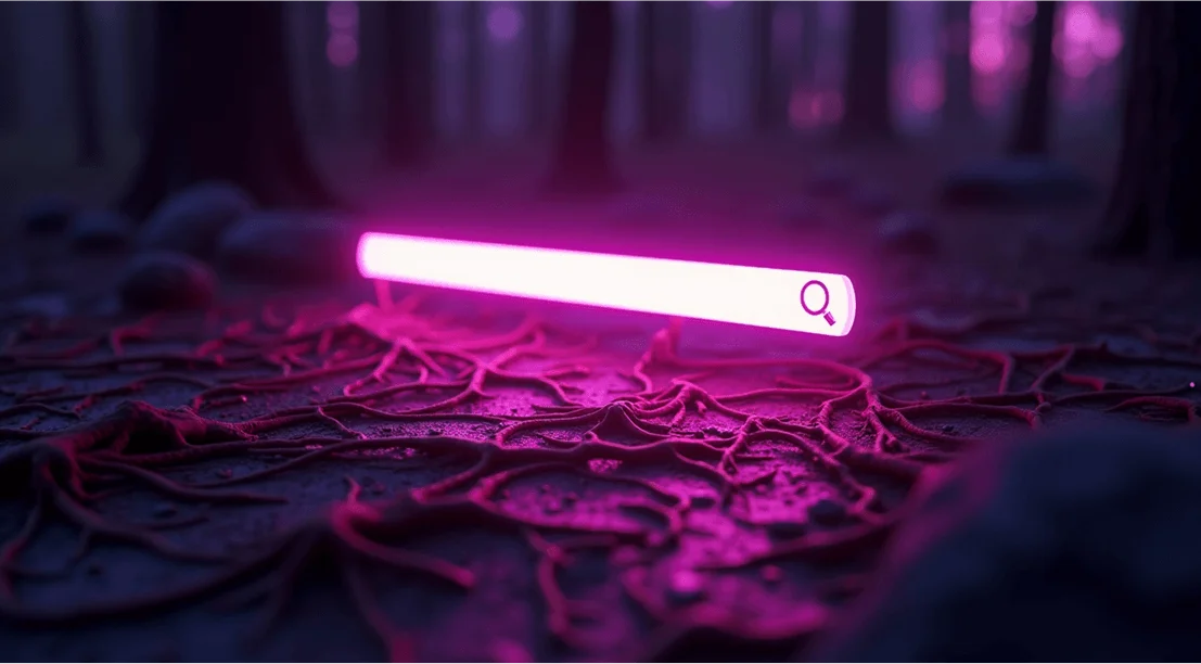 A glowing pink search bar lies on a forest floor