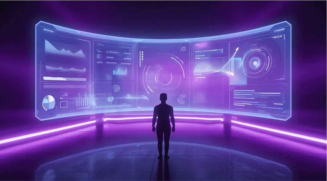 glowing screen with charts and data
