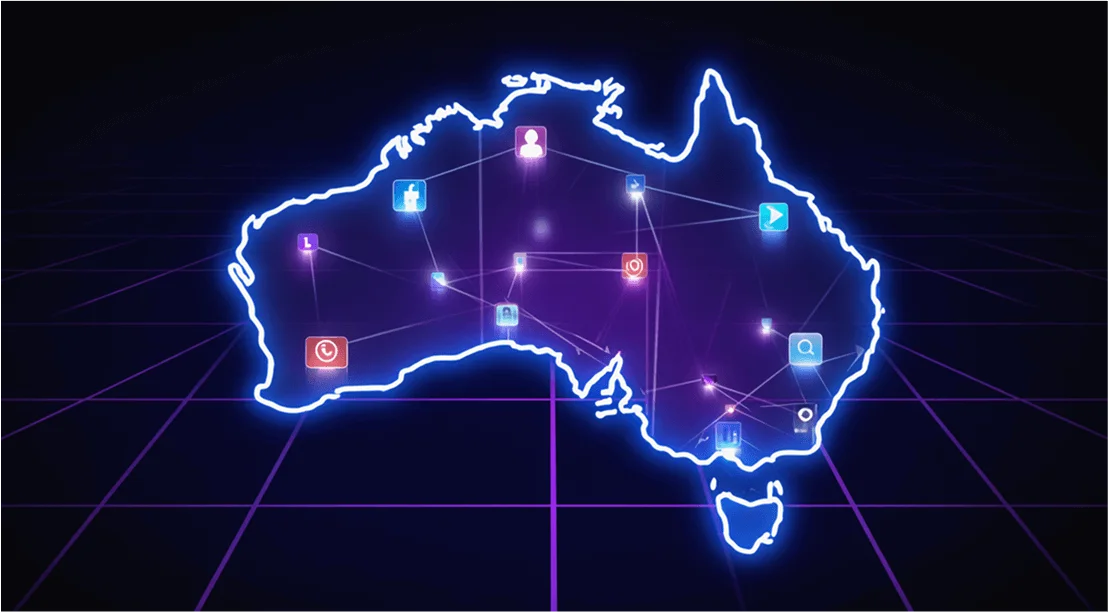 digital map of Australia with social media icons